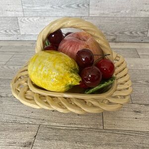 Vintage MCM Porcelain Bassano Italy Realistic Fruit in Woven‎ Basket Centerpiece